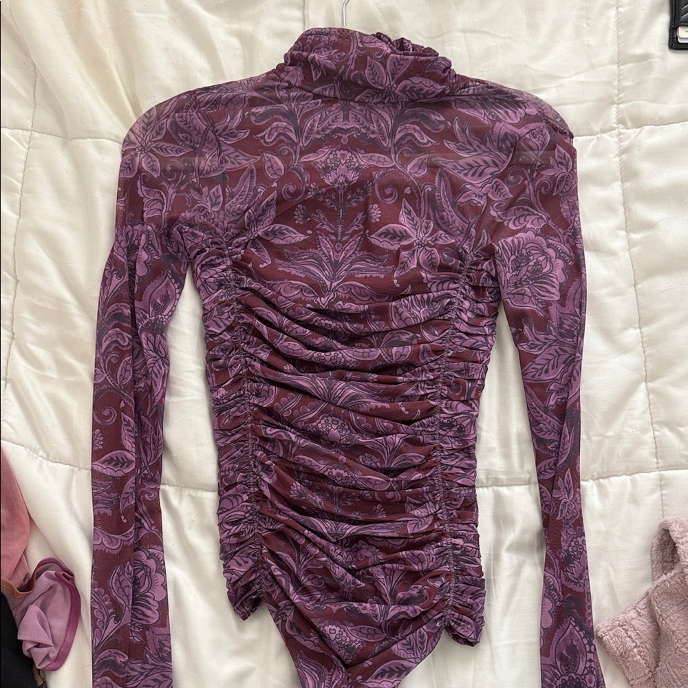 Free People Purple Floral Ruched Bodysuit